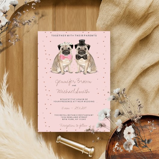 Invitation Mariage aquarelle Pug rose
