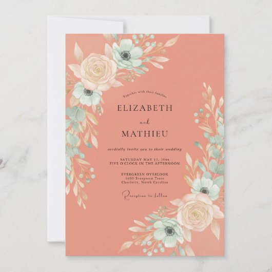Invitation Mariage aquarelle romantique corail (Devant)