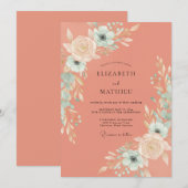 Invitation Mariage aquarelle romantique corail (Devant / Derrière)