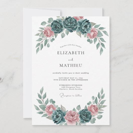 Invitation Mariage aquarelle romantique sarcelle (Devant)