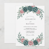Invitation Mariage aquarelle romantique sarcelle (Devant / Derrière)
