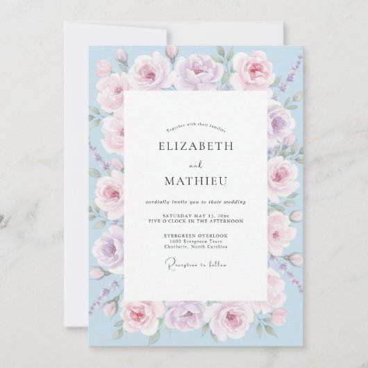 Invitation Mariage aquarelle rose bleuet (Devant)