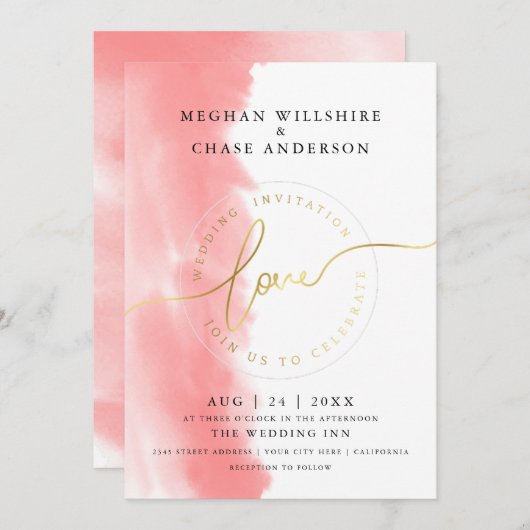 Invitation MARIAGE | Aquarelle Rose corail (Devant / Derrière)