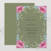 Invitation Mariage aquarelle rose et olive (Devant / Derrière)