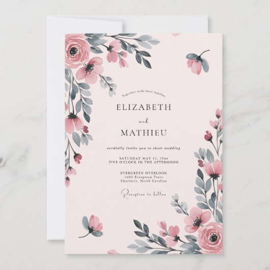 Invitation Mariage Aquarelle Rose Éthérée (Devant)