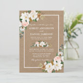 Invitation Mariage Aquarelle Roses Blanc Magnolias Kraft (Debout devant)