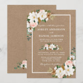 Invitation Mariage Aquarelle Roses Blanc Magnolias Kraft (Devant / Derrière)
