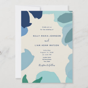 Invitation Mariage aquarelle rustique aux fleurs bleu poussié