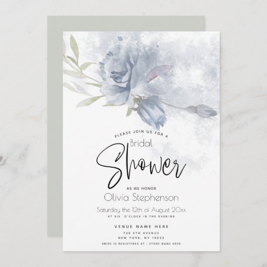 Invitation Mariage | Aquarelle Rustique Dusty Blue Roses (Devant / Derrière)