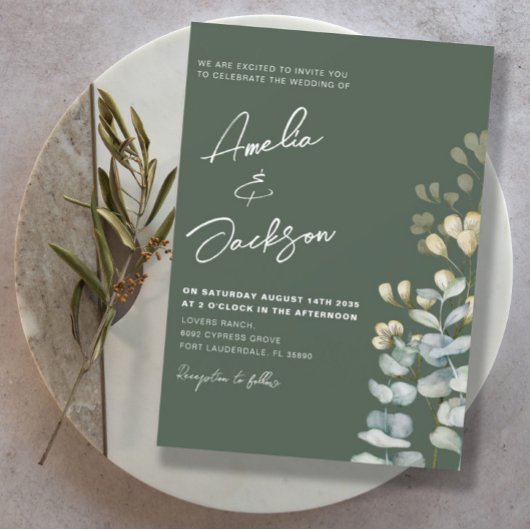 Invitation Mariage Aquarelle Rustique Eucalyptus Vert Foncé