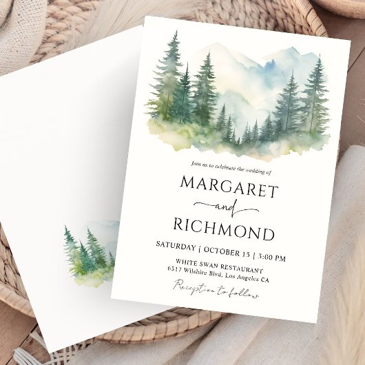 Invitation Mariage aquarelle rustique forêt de pins