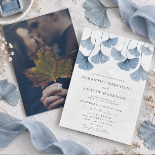 Invitation Mariage aquarelle rustique ginkgo bleu poussiéreux