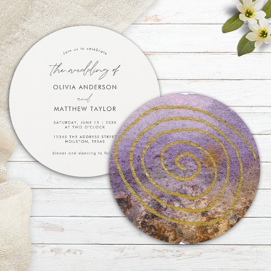 Invitation Mariage Aquarelle Simple Unique Violet Or
