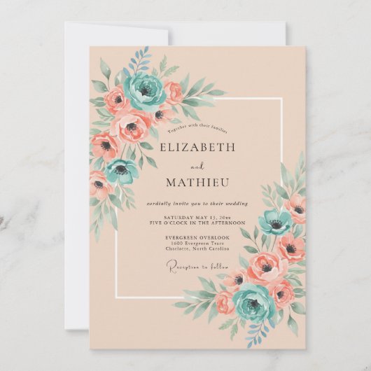 Invitation Mariage Aquarelle Teal Airy (Devant)