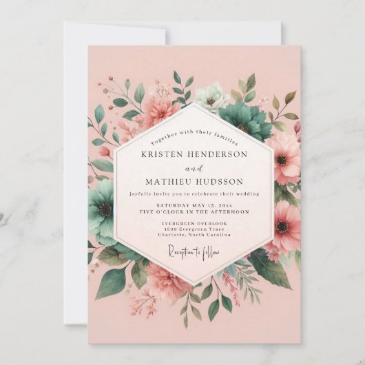 Invitation Mariage Aquarelle Teinte de Rose et Sarcelle (Devant)
