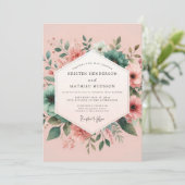 Invitation Mariage Aquarelle Teinte de Rose et Sarcelle (Debout devant)