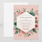 Invitation Mariage Aquarelle Teinte de Rose et Sarcelle (Devant / Derrière)