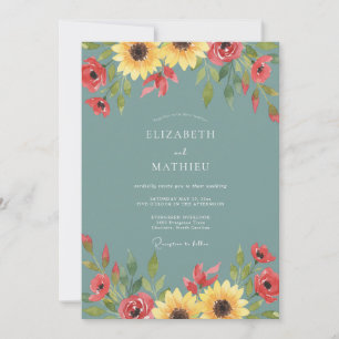 Invitation Mariage aquarelle tournesol acier