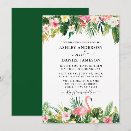 Invitation Mariage Aquarelle Tropical Floral Flamant rose Ver (Devant / Derrière)