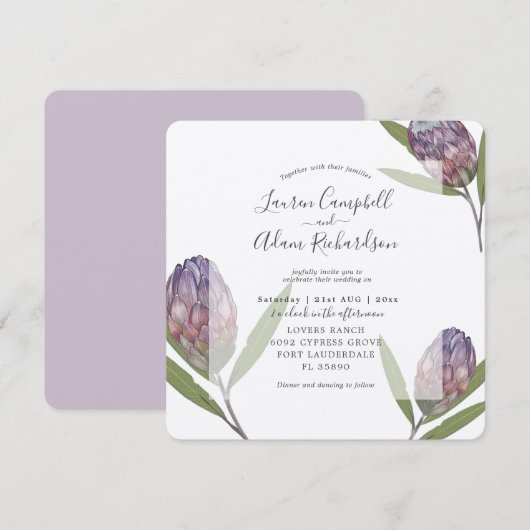 Invitation Mariage aquarelle tropical Protea violet  (Devant / Derrière)