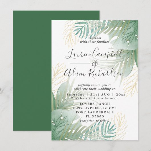 Invitation Mariage aquarelle tropicale verdure (Devant / Derrière)