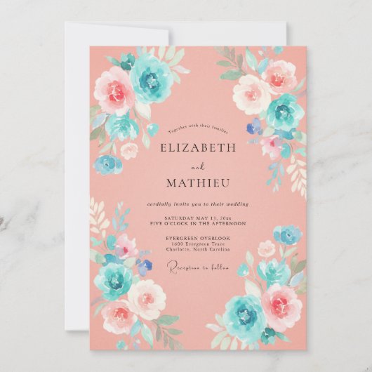 Invitation Mariage Aquarelle Turquoise Corail (Devant)