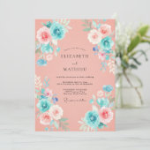 Invitation Mariage Aquarelle Turquoise Corail (Debout devant)
