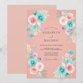 Invitation Mariage Aquarelle Turquoise Corail (Devant / Derrière)