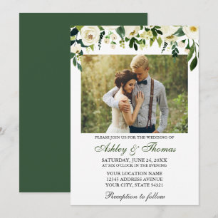 Invitation Mariage Aquarelle Vert Blanc Floral Photo