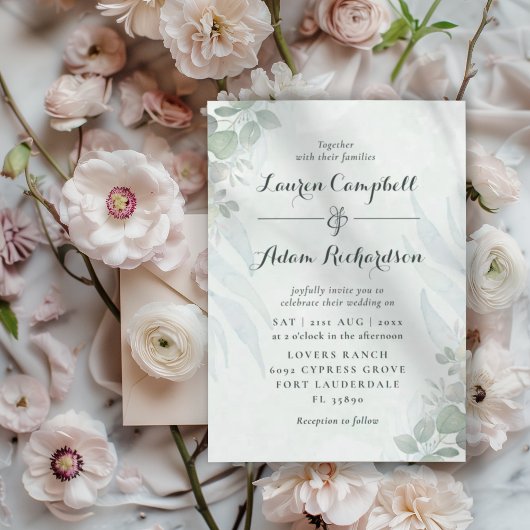 Invitation Mariage aquarelle vert eucalyptus rustique