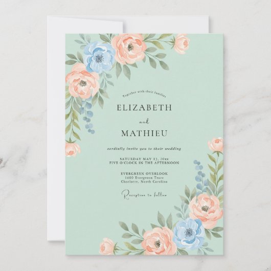 Invitation Mariage Aquarelle Vert Menthe Doux (Devant)