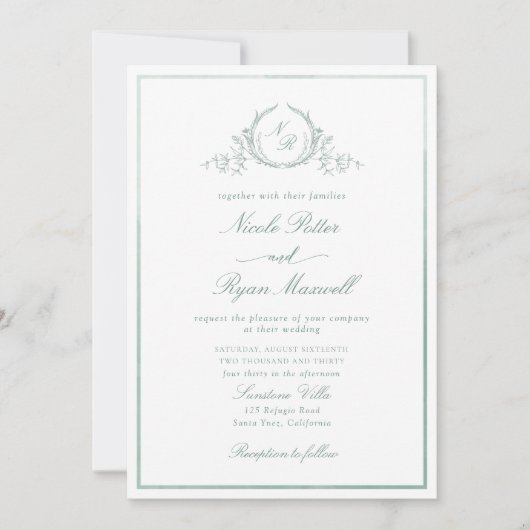 Invitation Mariage Aquarelle Vert Pâle Monogramme Classique (Devant)