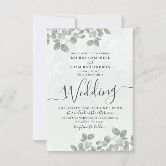 Invitation Mariage aquarelle vert rustique eucalyptus (Devant)