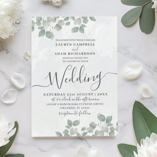 Invitation Mariage aquarelle vert rustique eucalyptus