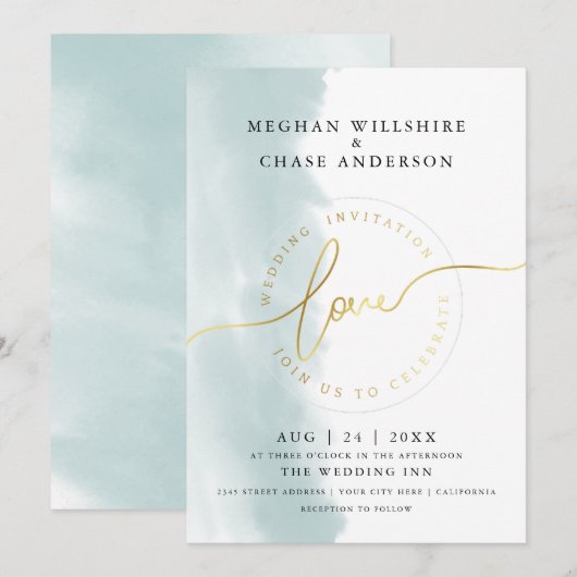 Invitation MARIAGE | Aquarelle vert sarcelle (Devant / Derrière)