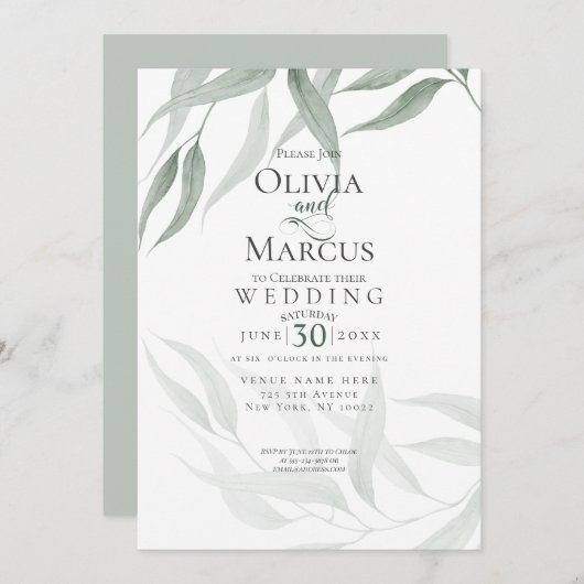 Invitation Mariage | Aquarelle verte poussiéreuse Folithe de  (Devant / Derrière)