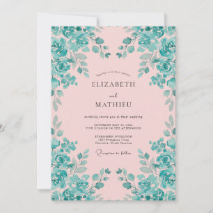 Invitation Mariage aquarelle vibrant rose et sarcelle