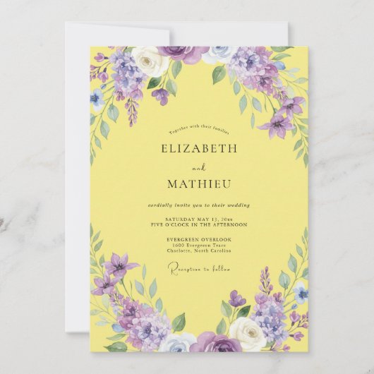 Invitation Mariage Aquarelle Violet Jaune (Devant)