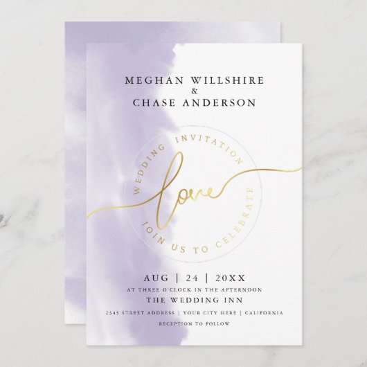 Invitation MARIAGE | Aquarelle violet Lilac (Devant / Derrière)