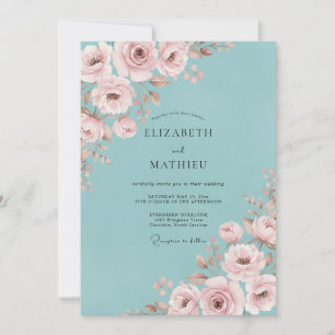 Invitation Mariage aquatique au ranunculus rose et eucalyptus