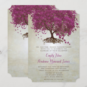 Invitation Mariage Arbre à Feuille de Cœur Violet Vin de Sang