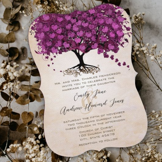 Invitation Mariage Arbre à feuilles en forme de cœur violet p