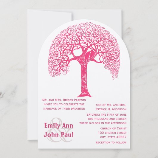Invitation Mariage Arbre Amour Oiseau Bois Rustique Rose Tour (Devant)