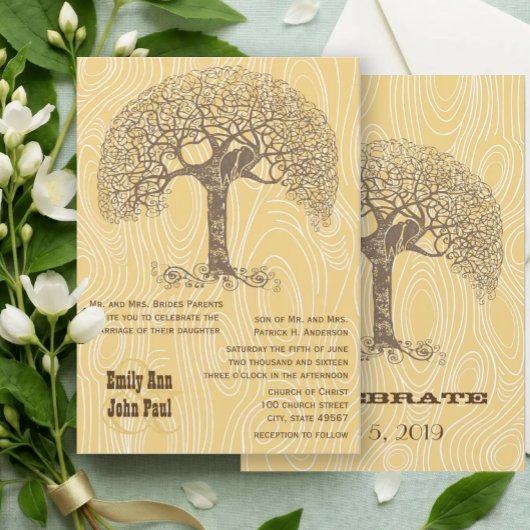 Invitation Mariage Arbre Brun Oiseaux Amoureux Grain de Bois
