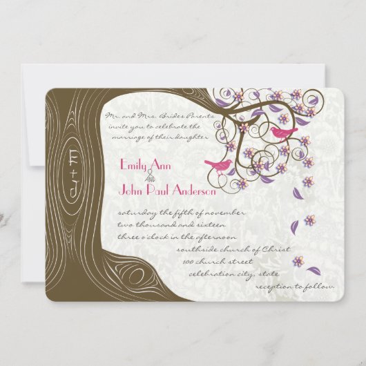 Invitation Mariage Arbre Rustique Romantique Oiseaux Roses et (Devant)