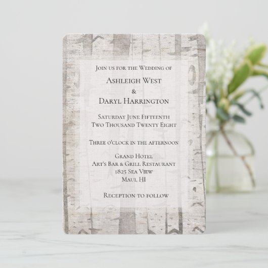 Invitation Mariage Arbres de bouleau Blanc Crème Rustique (Debout devant)