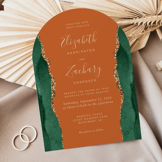Invitation Mariage Arc Rust Agate Or Vert Émeraude Chic