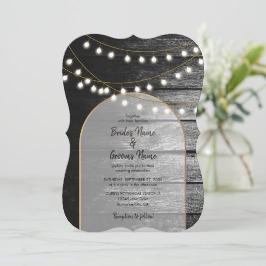 Invitation Mariage Arch Arches Bois Noir Rustique Moderne Lum (Debout devant)