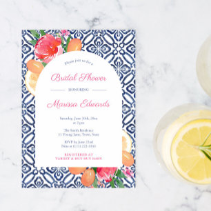 Invitation Mariage Arch Bold Citrus Floral Carrelage Bleu Lav