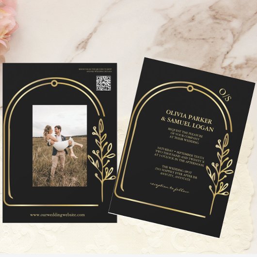 Invitation Mariage Arch | Code QR | Monogramme mariage floral
